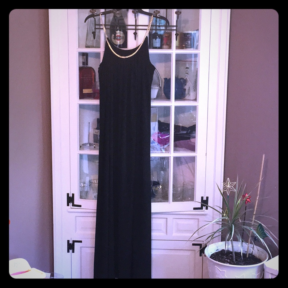 Black maxi dress with gold braided detail